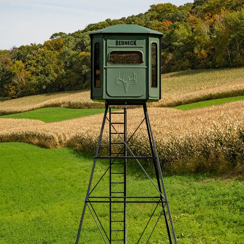 hunting blind overlooking a food plot and corn field