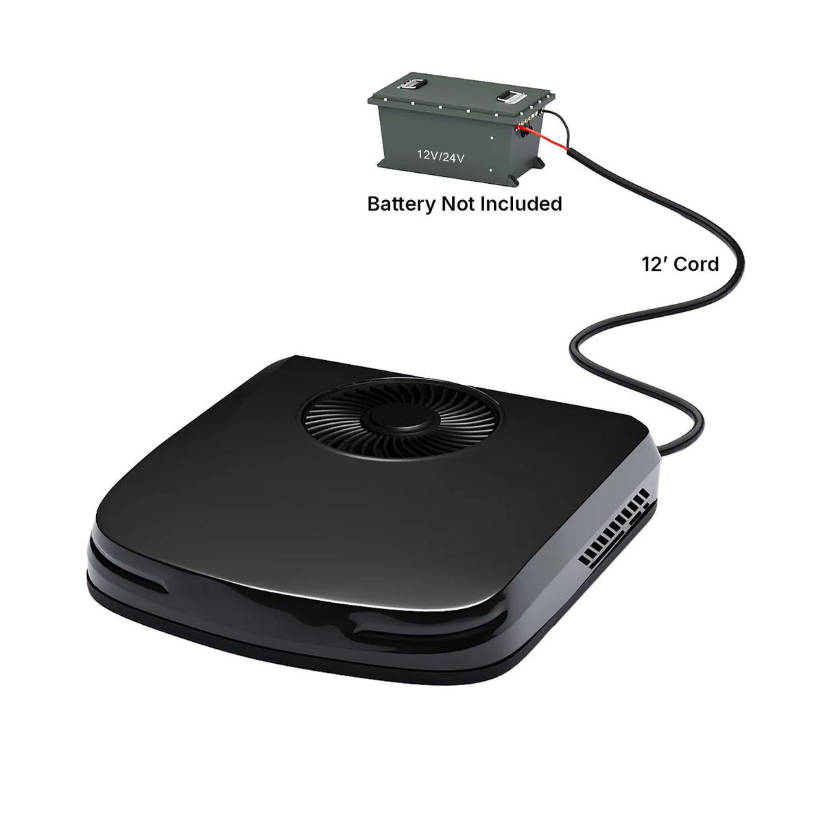 12V Camper AC showing 12' cord attached to an optional 12V battery