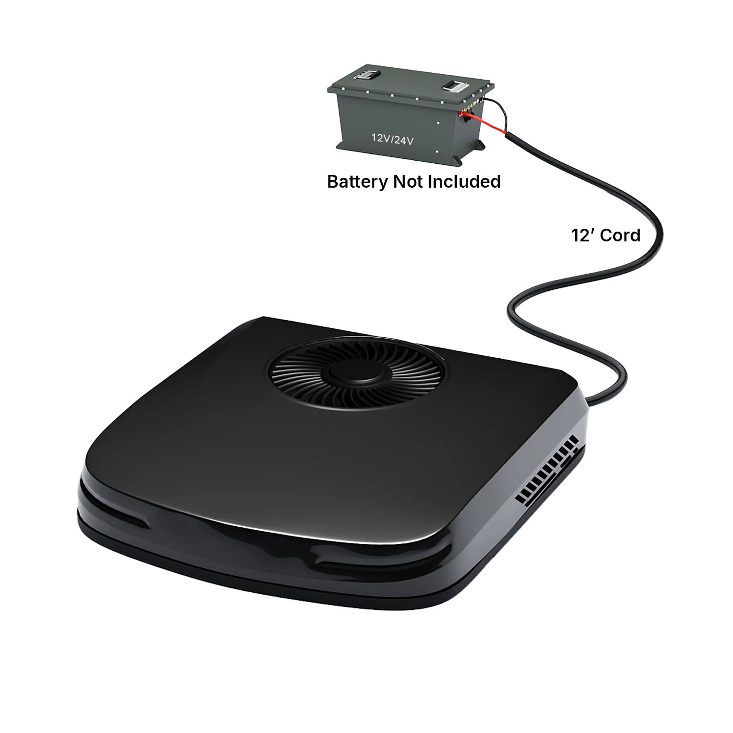 12V Camper AC showing 12' cord attached to an optional 12V battery