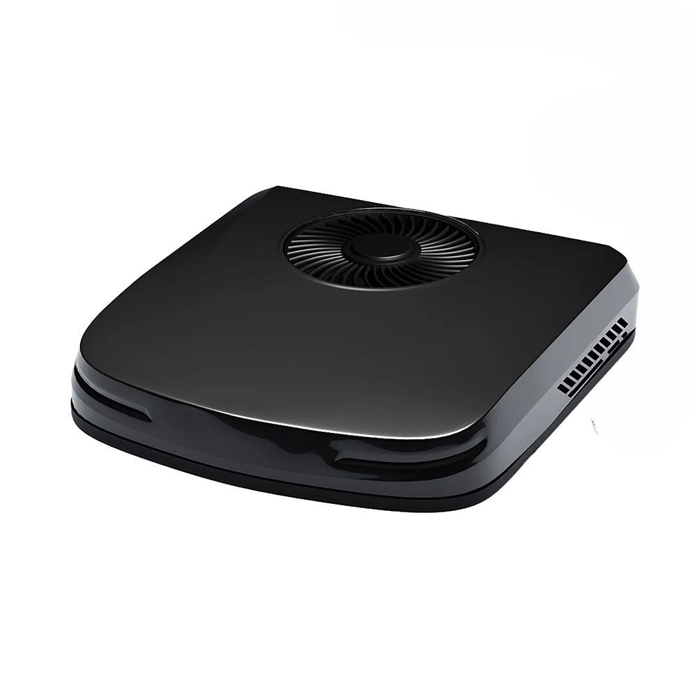 Black 12V air conditioner exterior that goes on roof of Freedom Camper