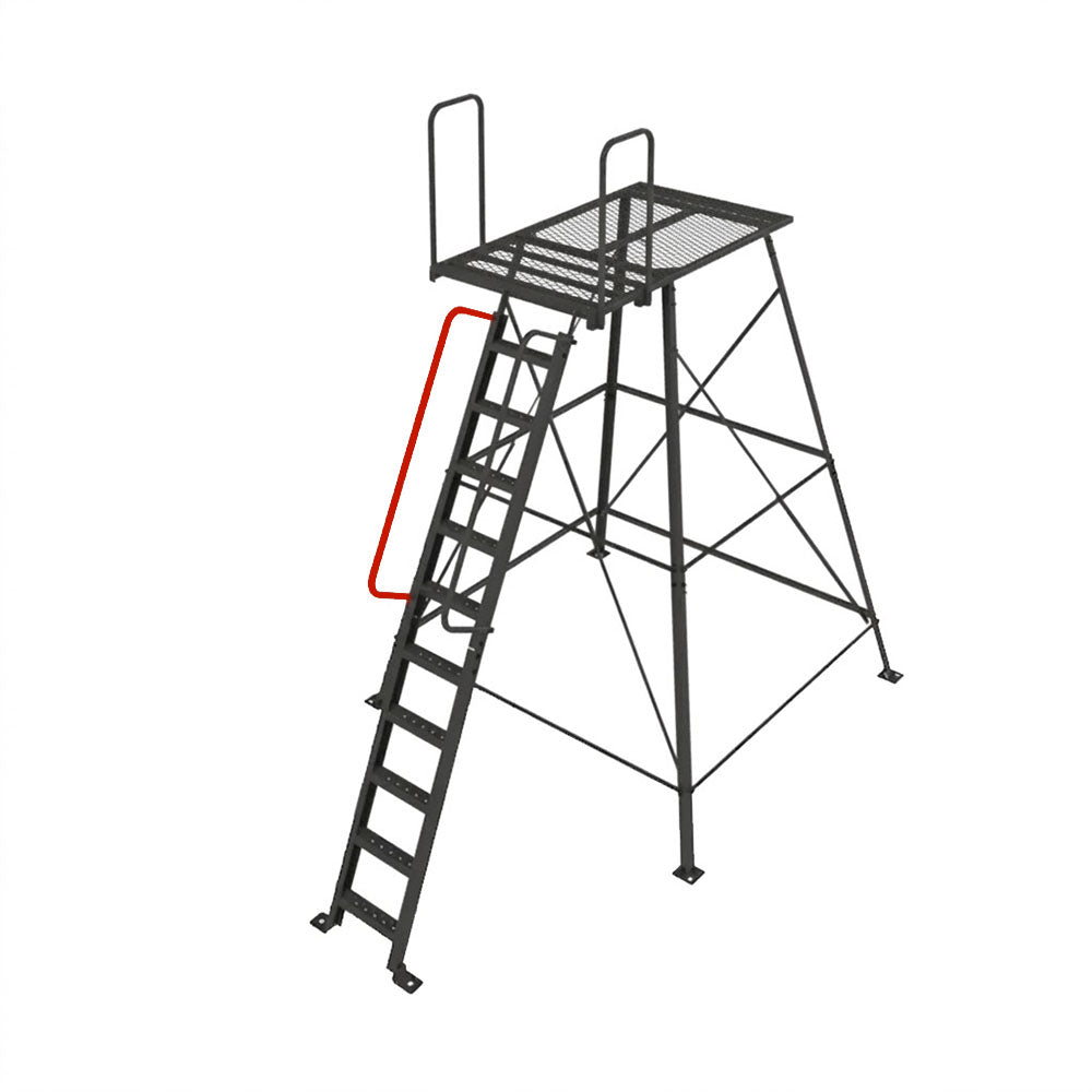 10-foot deluxe stand by Redneck Blinds showing the optional handrail highlighted in red along the metal stairs.
