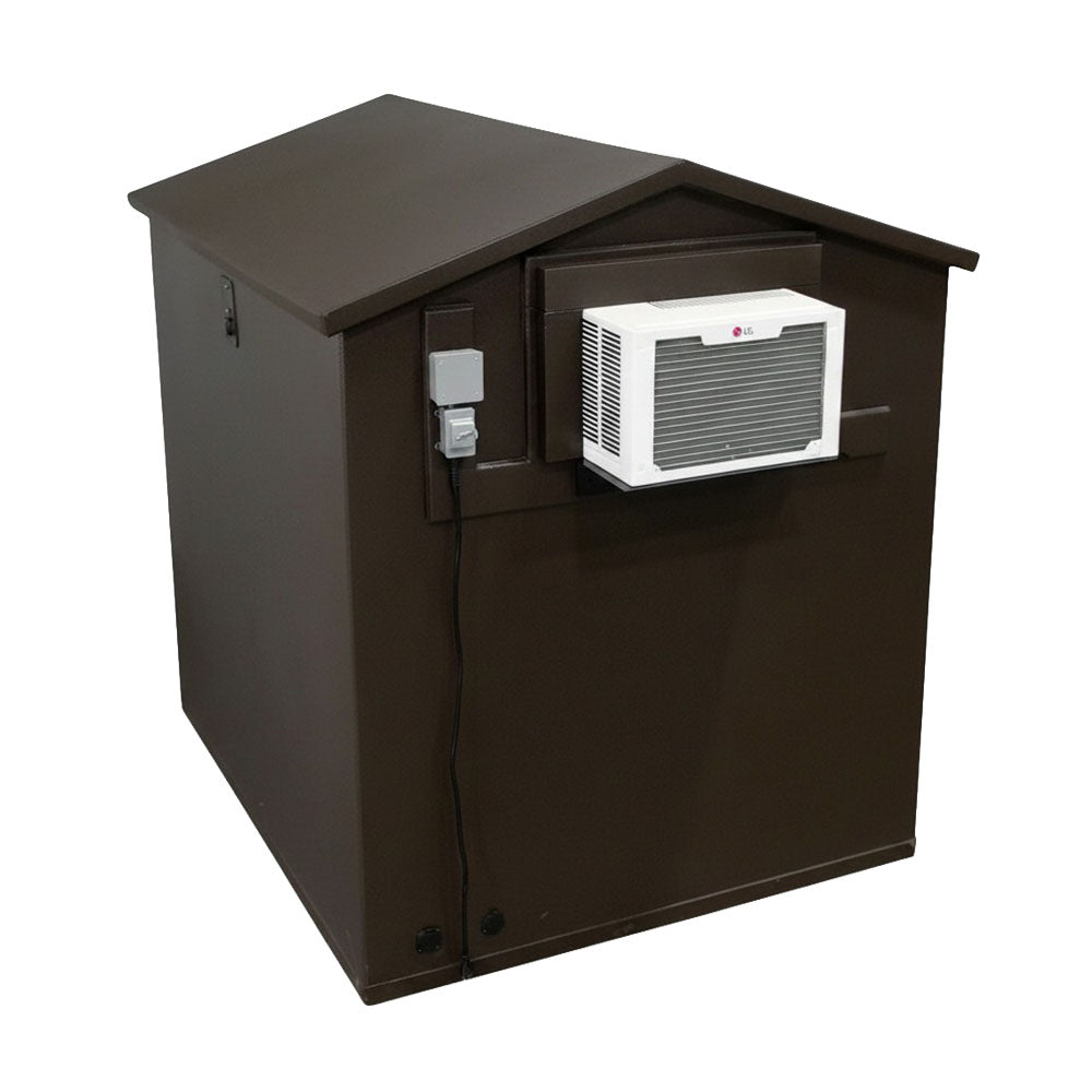 Freedom Walk-In Deer Cooler with a gabled roof, featuring a built-in LG window air conditioner and a power outlet on the side, shown against a plain white background.