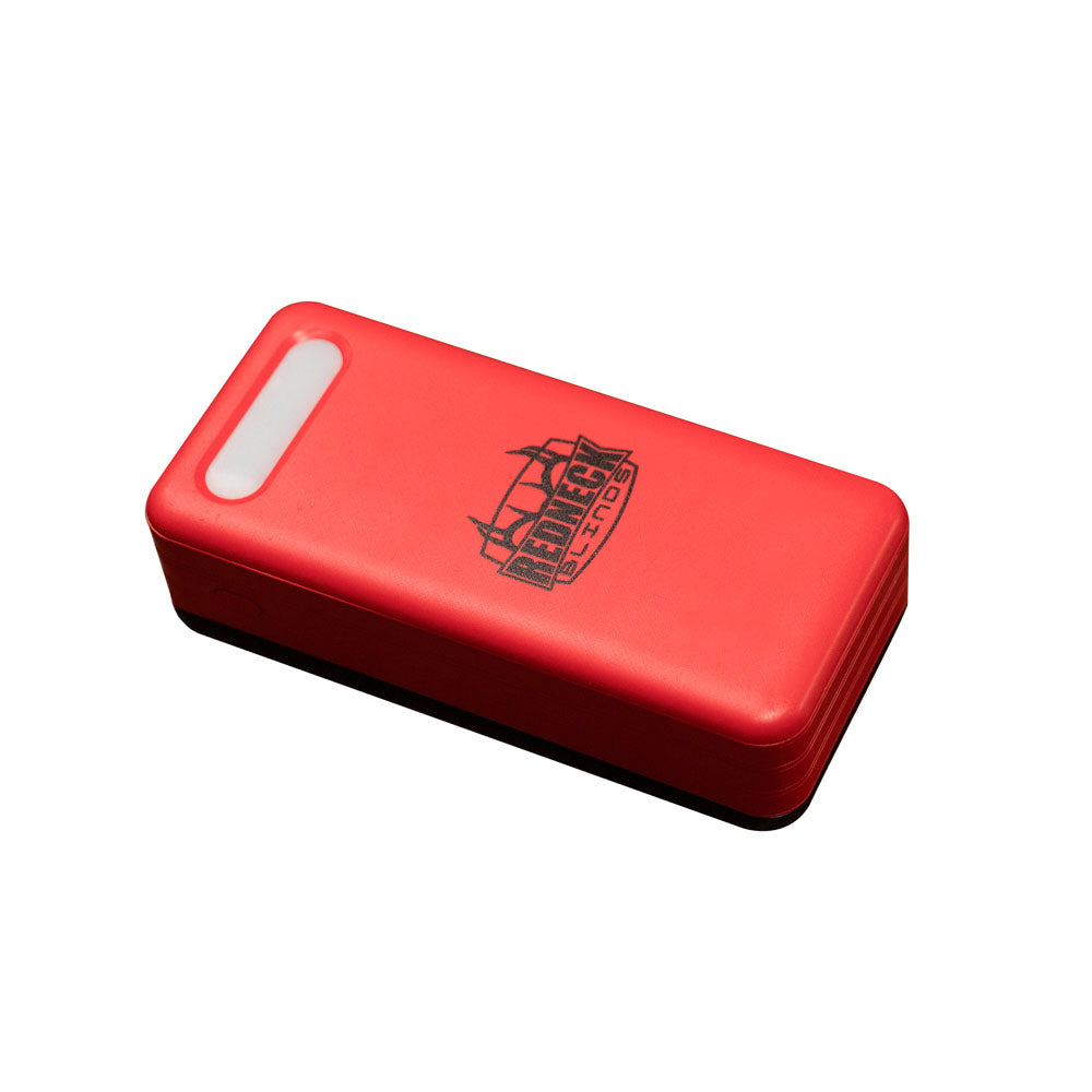 Solar power bank top view with Redneck Blinds logo