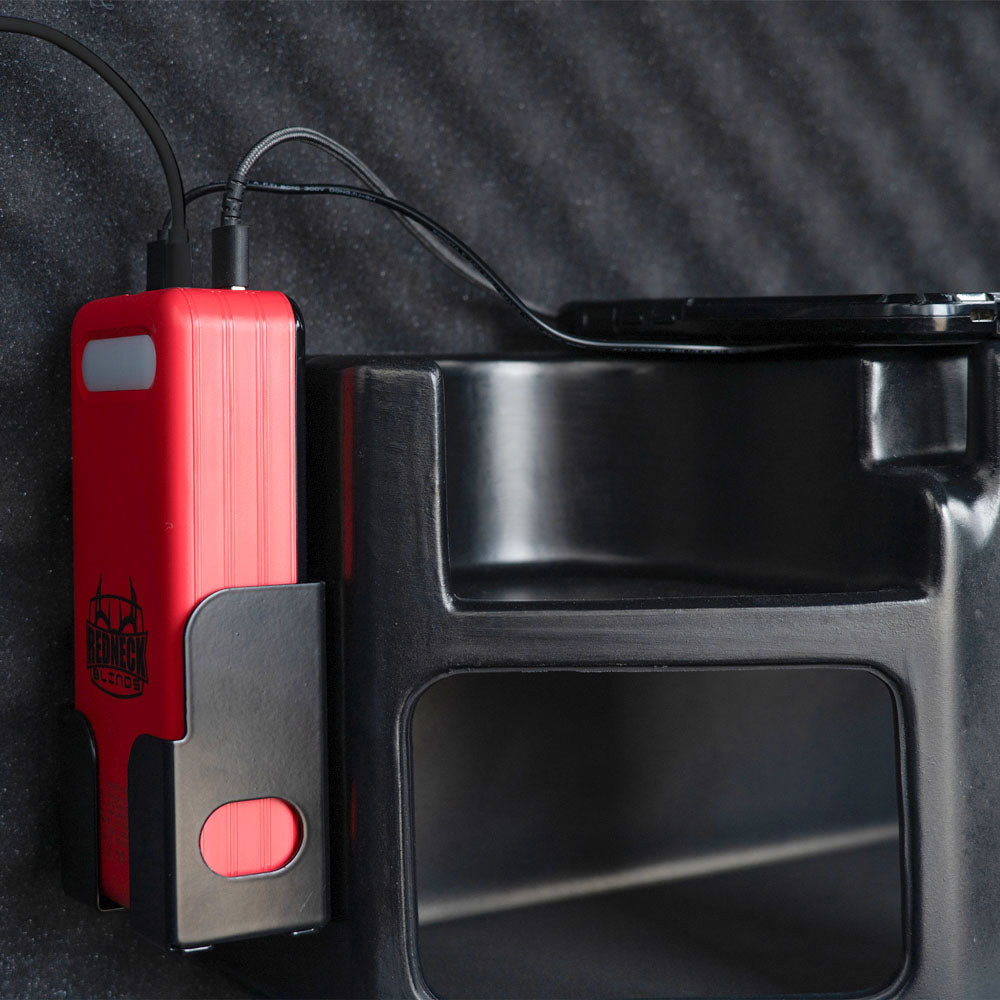 Solar Power Bank holder easily attaches to the Redneck Hunting Blind Gear Console