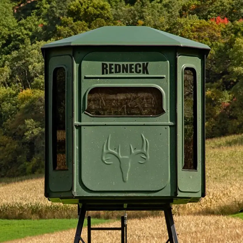 Redneck Blinds fiberglass box blind overlooking corn field