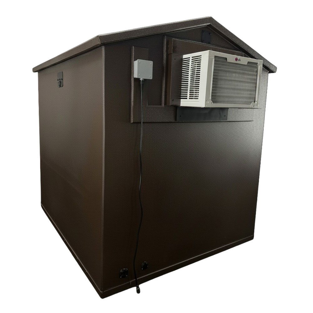 Insulated walk-in cooler with a gabled roof, featuring a mounted window air conditioner and an electrical outlet box on the side, shown against a plain white background.