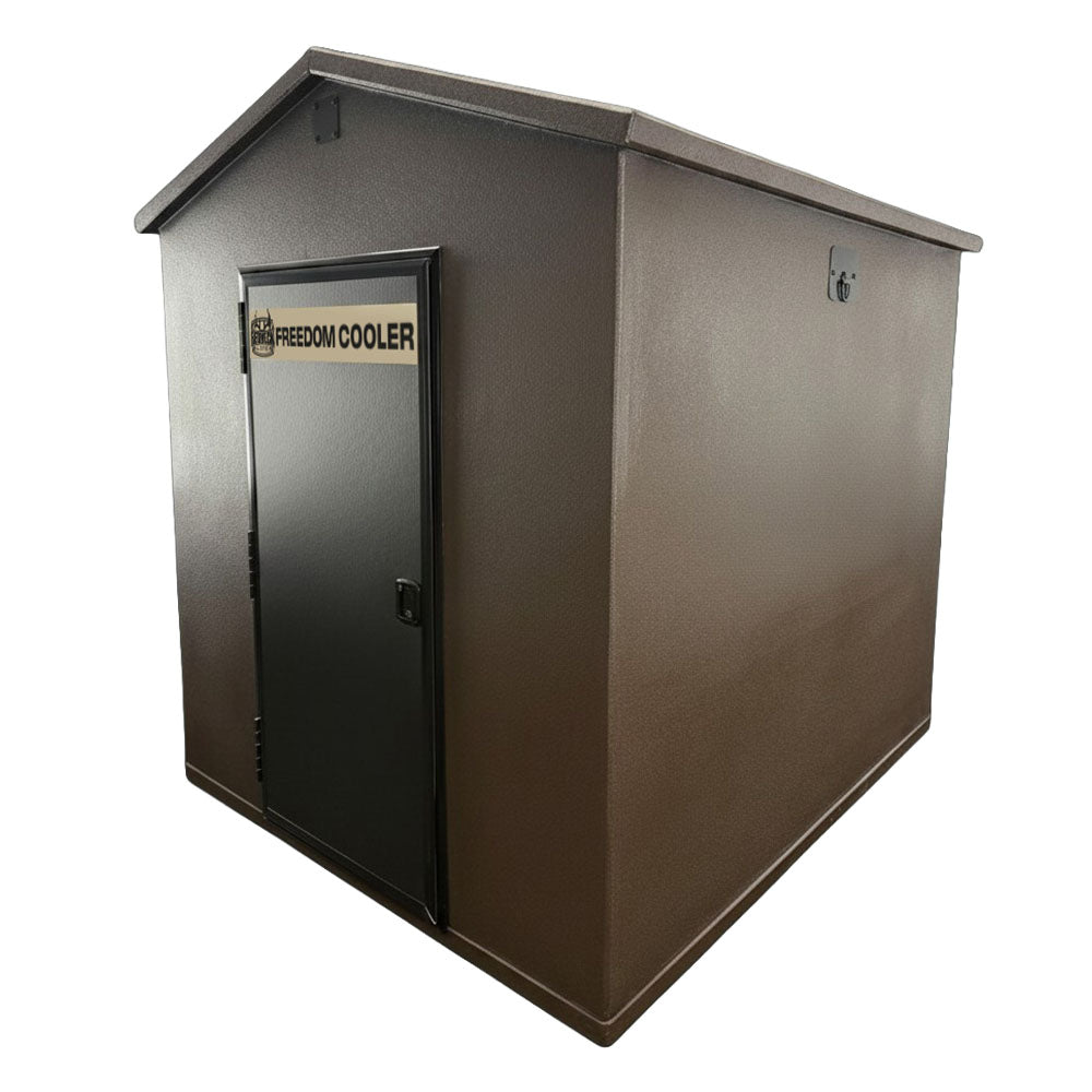Side view of the Freedom Walk-in Deer Cooler showing the front door and gable roof