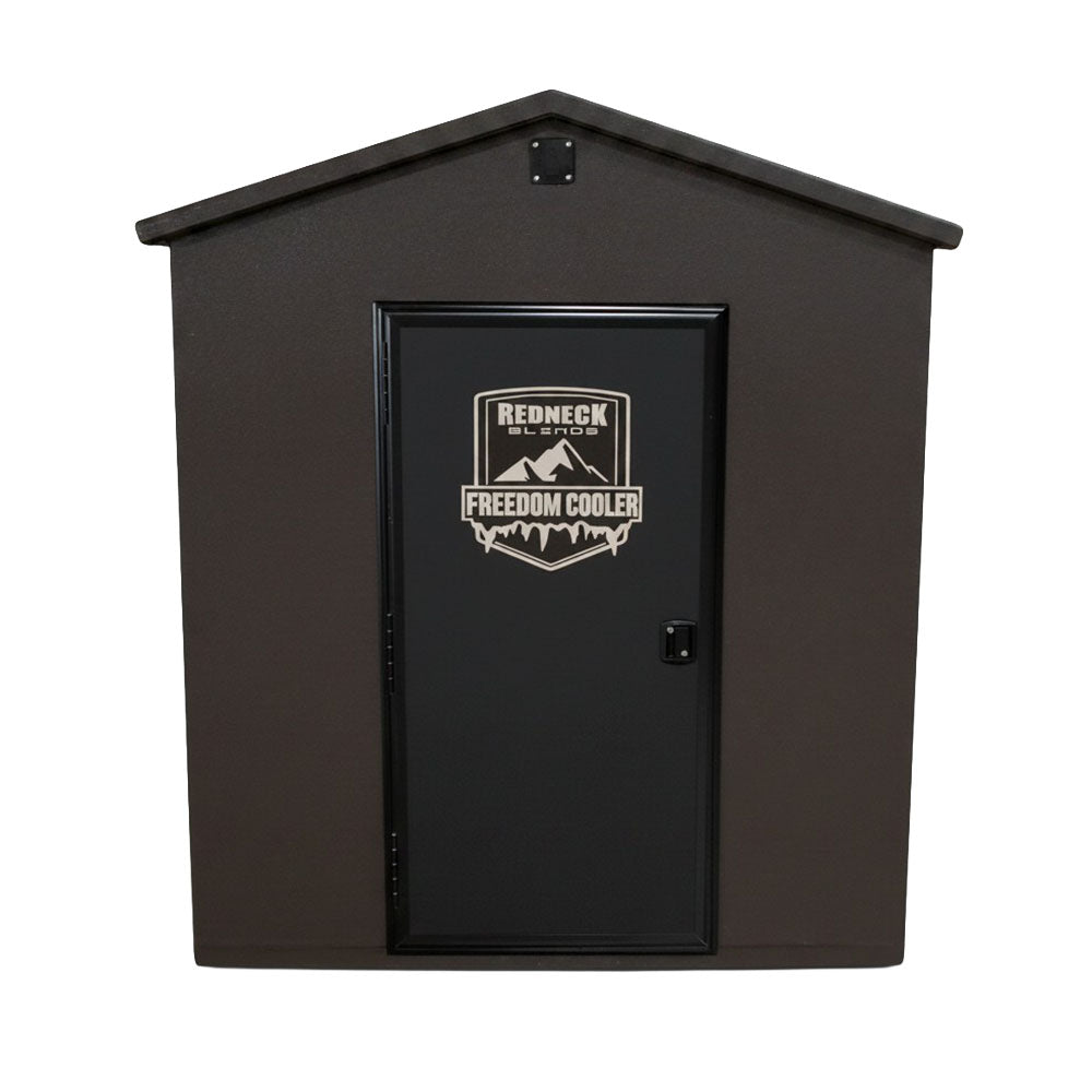 Front door to the Freedom Walk-In Deer Cooler showing a lockable door.