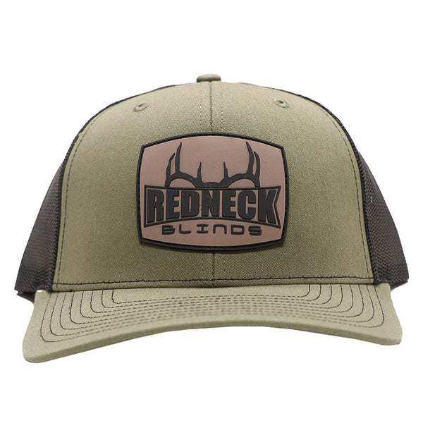 Olive Green Trucker Hat with Tan Patch by Redneck Blinds