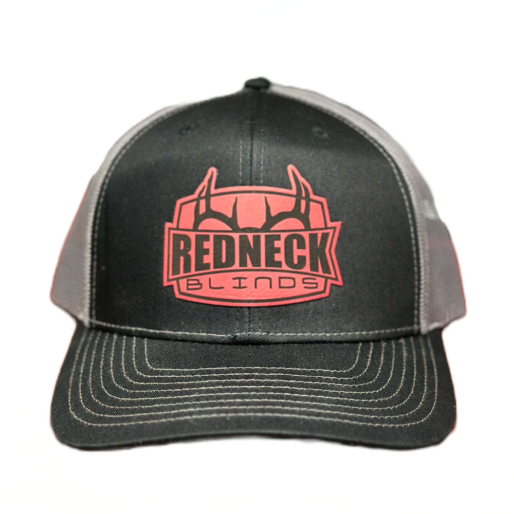 Red Leather Patch Trucker Hat by Redneck Blinds