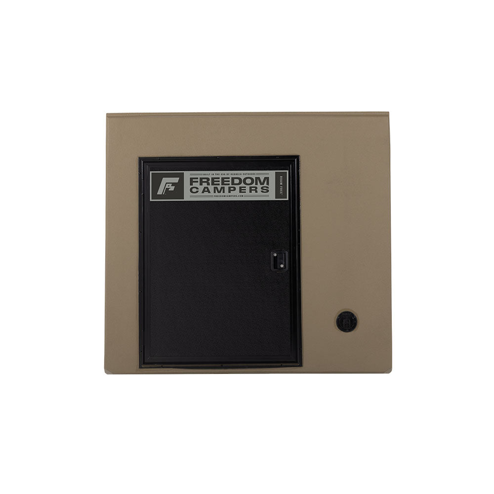 Entry door to tan Freedom Camper that fits in your truck bed or trailer.