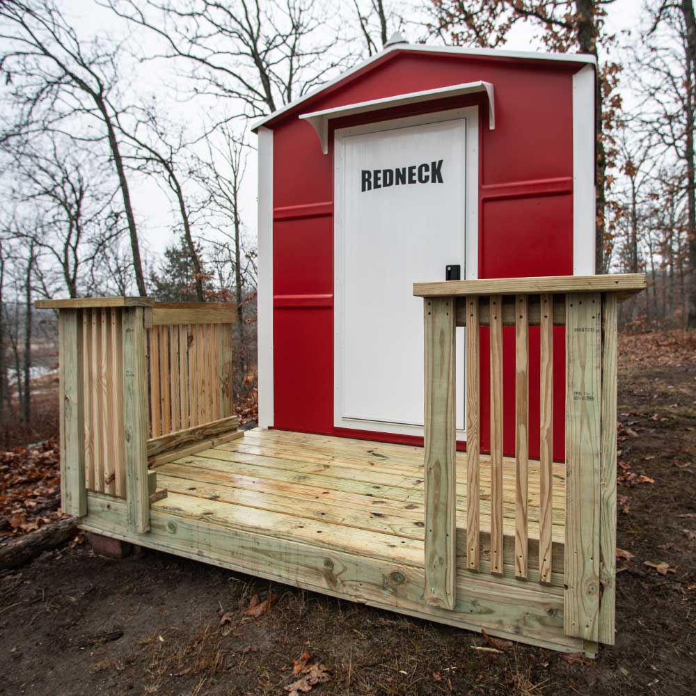 Red Hunting Cabin with optional wood deck platform.